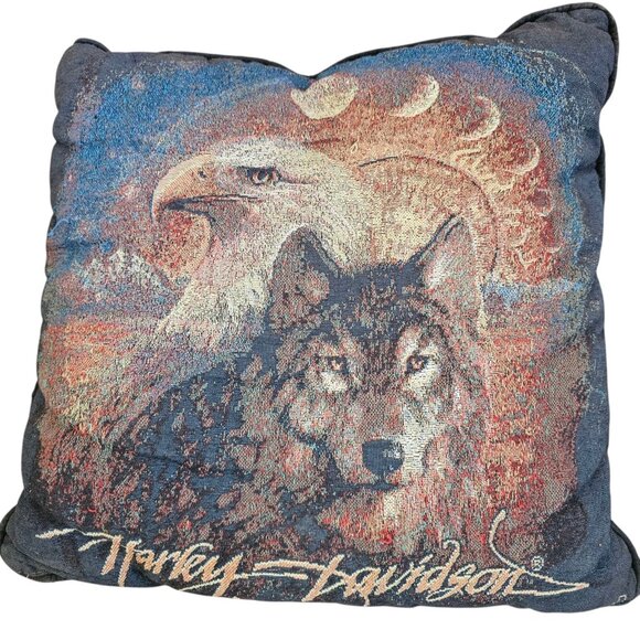 VTG Y2K Harley Davidson Throw Pillows Needlepoint Wolf Bald Eagle 16" Set Of 2 - Picture 3 of 16